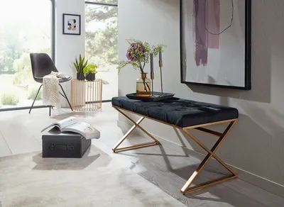 Image de Banc velours noir 90x46x44 cm banc rembourré avec structure métallique | Wohnling