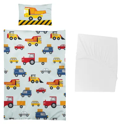 Produktbild von 3 tlg Baby Bettwäsche Set - Baustelle - Mikrofaser - 40x60 100x135 cm + 1 Spannbettlaken weiß 60x120 - 70x140 cm