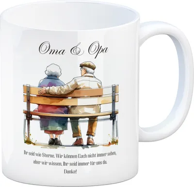 Produktbild von Oma und Opa auf Bank Kaffeebecher