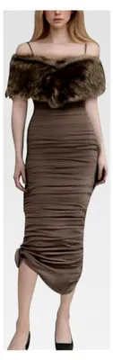 Produktbild von Damen Kleid Kurzarm Abendkleid Trägerkleid mit Kunstpelz Schalkragen Lang Wickelkleid Off Shoulder Bodycon Rüschen Casual Formelle Partykleider Elegant Cocktailkleid Maxikleider