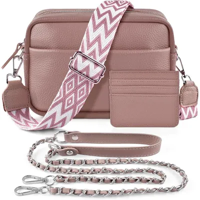 Productafbeelding van Damesschoudertas van echt leer, crossbody tas met 2 schouderbanden, kaarthouder, 3 vakken, donkerroze