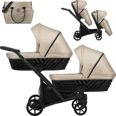 Produktbild von Kinderwagen IVENTO DUO 2 in 1 Komplettset Zwillingskinderwagen Geschwisterwagen Zwillingsbuggy Doppelkinderwagen (Cappuccino Me, Rahmenfarbe: schwarz)