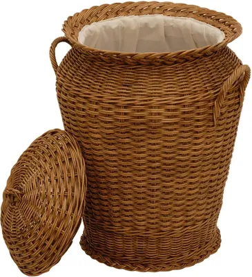 Produktbild von KRINES HOME Wäschekorb / Wäschetonne rund aus echtem Rattan, Wäschesammler mit Deckel und Inlett (Vintage Braun)