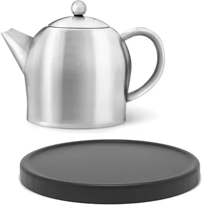 Imagen del producto de Tetera de acero inoxidable de doble pared, pequeña, de 0.5 litros, y preparador de té sin filtro, con posavasos de madera