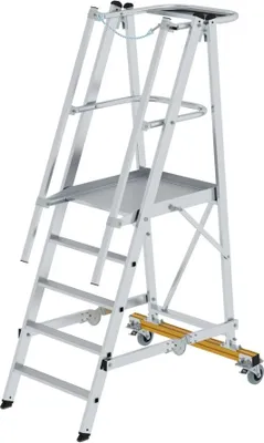 Produktbild von Plattformleiter klappbar und fahrbar | 5 Stufen | inkl. beidseitigem Handlauf | Aluminium | nivello® Leiterschuhe
