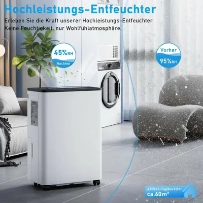 A white dehumidifier is shown in a room with a couch and a washing machine, illustrating its effectiveness.