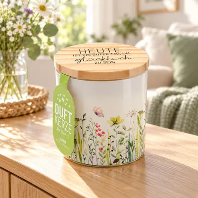 Produktbild von Duftkerze Jasmin „Heute ist ein guter Tag“ Wiese 30 Stunden 8,5 cm