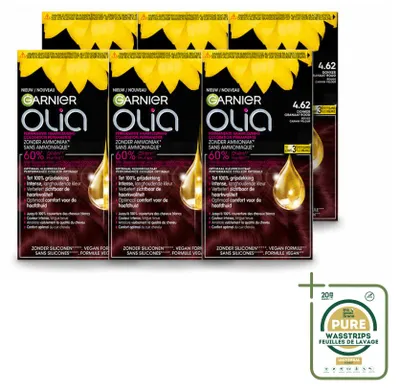 Productafbeelding van 6 x Garnier Olia 4.62 Permanente Haarkleuring - Donker granatrood - Zonder ammonia - Voorraadverpakking - 6 stuks
