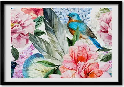 Produktbild von Bild - Bilder - Bilderrahmen - 70 cm x 50 cm - MDF-Rahmen, Wandkunst Blumen und Vögel