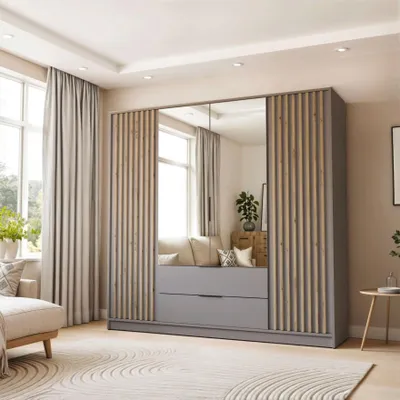 Produktbild von Schrank mit Klapptüren Vierflügelig NELA mit Lamellen Grau + Eiche Artisan mit Spiegel 206 cm