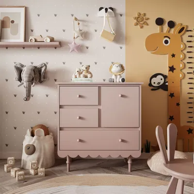 A child's bedroom with a pink dresser, toys, and a giraffe height chart.