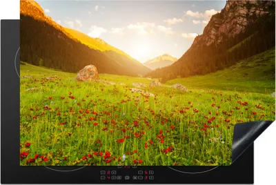 Produktbild von KitchenYeah© Herdabdeckplatte Blumen - Berg - Sonne , 80x52cm, Küche Deko, Glaskeramikkochfeld Herdabdeckung, Abdeckplatte fùr Kochfeld