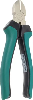 A pair of green and black handled wire cutters against a white background.