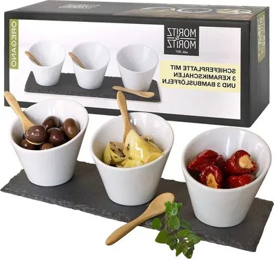 Produktbild von Leisteen Schale 30x10cm mit Keramikschalen und Bambalöffel für Vorspeisen und Snacks