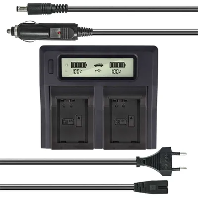 Produktbild von Dual Akku-Ladegerät kompatibel mit Sony NP-FW50 - mit USB-Anschluss, LCD-Display und Kfz-Ladekabel - Schnellladegerät