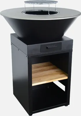 A black grill with a gray rim and a wooden shelf is shown against a white background.