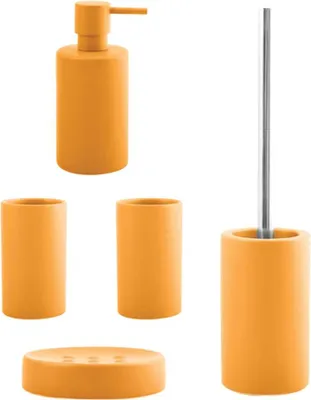 Produktbild von spirella Badezimmer Set, 5-teiliges Badzubehör aus Keramik Tube, Seifenspender, WC Bürste, Seifenschale und 2x Zahnputzbecher Gelb matt