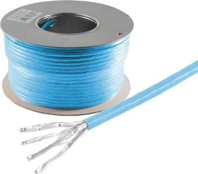 Produktbild von Helos Verlegekabel, Cat 8, S/FTP, PiMF, LSZH, blau, 100m Ring Cat 8, 2000 MHz , paarweise und Gesamtabschirmung (PimF) , Bandbreite bis zu: 40 Gbit/s , CAT 8.1 Performance bis 24m , 4 x 2 x AWG 22/1 , halogenfrei , Farbe: blau , 100m Ring