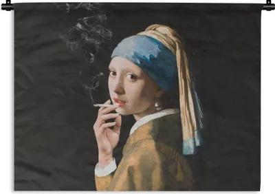 Produktbild von MuchoWow® Wandteppich Wandbehang Das Mädchen mit dem Perlenohrring - Vermeer - Zigarette 60x45 cm Tapisserie Dekoration Wandtuch - Das Schlafzimmer