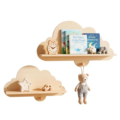 Image de COSTWAY - Étagère murale pour enfants 2 étages, étagère suspendue en forme de nuage en bois massif, étagère murale avec crochets, étagère à livres pour enfants Montessori, étagère suspendue naturelle