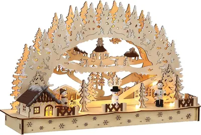 Produktbild von Monzana LED Schwibbogen Winterdorf Holz 45x28cm Lichterbogen Timer 11 LEDs Natur