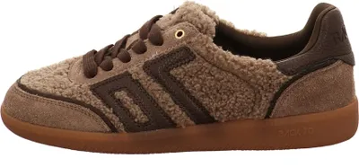 A side view of a single brown sneaker with a fuzzy texture.
