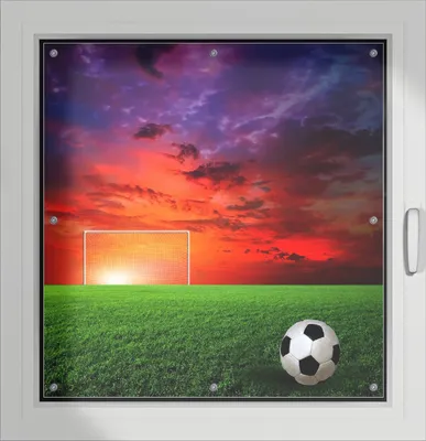 Produktbild von Wallario Lichtschutzbild, Dekorativer Sichtschutz Sonnenschutz 96 x 93 cm mit Motiv: Fußball - Fußballfeld bei Sonnenuntergang - Verdunklung ohne Bohren