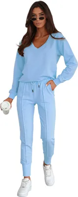 Produktbild von Damen Jogginganzug Freizeitanzug mit Sweatshirt Baumwoll-Trainingsanzug, Hellblau L/40