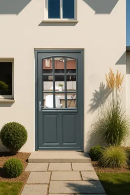 Immagine prodotto di Porta d'ingresso in legno con vetro Alexa grigio antracite, H.215xL.80 cm, lato tavolo, a destra GD MENUISERIES