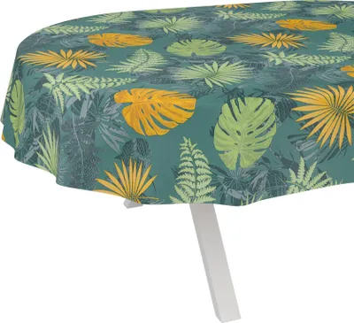 Produktbild von Tischdecke Aquarell Jungle Dunkelgrün Oval 200x140cm Schnittkante Wachstuch abwaschbar