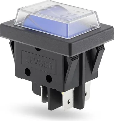 A close-up studio shot of a blue rocker switch with a clear protective cover.