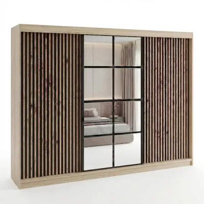Produktbild von Schwebetürenschrank, 3-türig Schrank mit 4 Schubladen, und 3D-Lamellen. Kleiderschrank NORIVO 200 cm