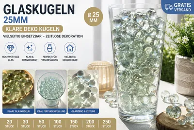 Produktbild von 25 Stück Glaskugeln Ø 25 mm klar transparent – Deko Kugeln Glas für Vasenfüllung Tischdeko Dekoration, KI-generiertes Bild