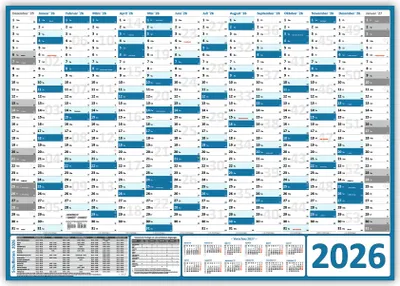 Produktbild von XXL Wandkalender Wandplaner 2026 blau (gerollt) DIN A0 Format (841 x 1189 mm) 14 Monate komplette Jahresvorschau Folgejahr und Ferientermine Feiertage aller Bundesländer