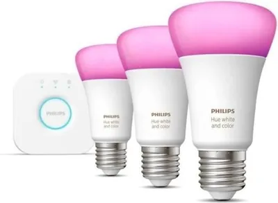 Image de Kit de démarrage Philips Hue White and Color Ambiance, 3 ampoules E27, 75W, Bluetooth, Compatible Alexa, Google Home et Homekit
