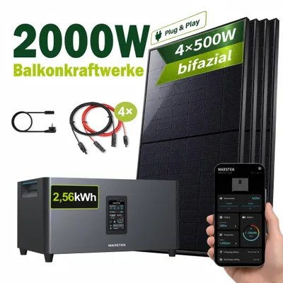 Produktbild von 2000W Balkonkraftwerk mit 2,56 kWh Speicher MARSTEK Jupiter C + Plus, 4x500W BIFAZIAL FULLBLACK Solarmodule Solaranlage Solarspeicher