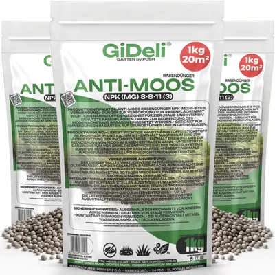 Obrázek produktu pro Hnojivo Anti-Moos, 3 kg, NPK 8-8-11, pro jarní použití, obsahuje železo a hořčík, vhodné pro zahradu, GiDeli