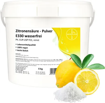 Produktbild von Zitronensäure - Pulver 5 kg in Lebensmittelqualität (E330) für Küche und Haushalt - Kalkentferner und Reinigungsmittel - Für Lebensmittel geeignet.
