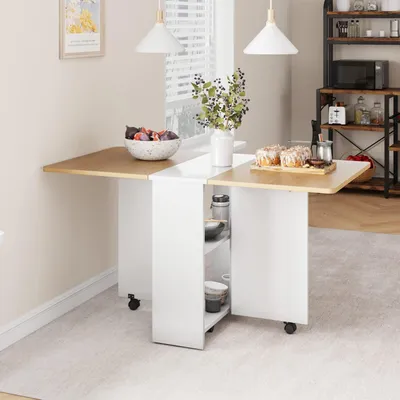 Productafbeelding van Uitklapbare eettafel met wielen en 2 opbergplanken, 120x60x75 cm, wit met natuurlijke houtkleur