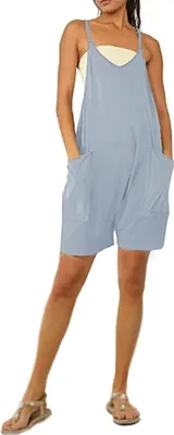 Image de ASKSA Jumpsuit Femme Eté Sans Manches Salopette Courte Combinaison Casual Baggy Playsuit Short Bretelles, Bleu, M