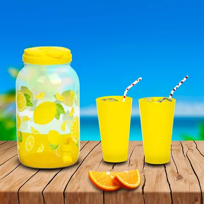 Produktbild von Limonadenspender mit Zapfhahn und 4 Bechern – Getränkespender 3,8 Liter – Kunststoff – Wasserspender – Spender – GELB – Zitronen-Design
