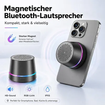 Produktbild von Mini Bluetooth Lautsprecher 5 W, magnetisch & tragbar, mit Wireless Charging, Bluetooth 5.3, RGB-Licht, TWS & Freisprechfunktion, USB-C
