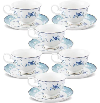 Productafbeelding van Thee- en schotelservies, 6-delig, blauw bloemenmotief, porselein, 150 ml
