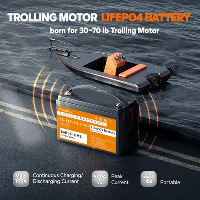 Obrázek produktu pro 12V 100Ah lithium-iontová baterie LiFePO4 s integrovaným systémem řízení baterie (BMS) pro solární systémy a rekreační použití