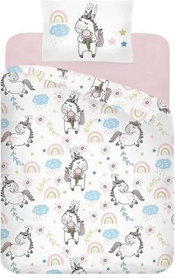 A children's duvet cover and pillowcase set with a unicorn and rainbow pattern.