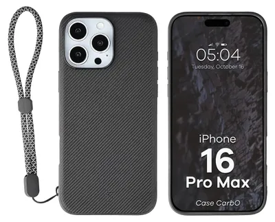 Produktbild von Hülle mit Handgelenkband für iPhone 16 Pro Max, Bizon Case CarbO, Schwarz