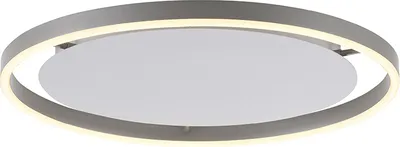 A modern, circular LED ceiling light with a gray metal frame and a white diffuser.