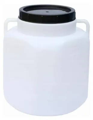 A white plastic barrel with a black lid and handles.