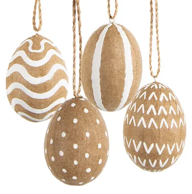 Produktbild von 4 Ostereier zum Aufhängen braun weiß Natur Osterdeko Pappmaché Eier Vintage