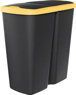Produktbild von Duo Abfalleimer eckig 45 Liter - schwarz / gelb - Kunststoff Mülleimer mit 2 Deckelöffnungen - Doppel Müllsammler Mülltrenner Mülltonne Abfalltonne